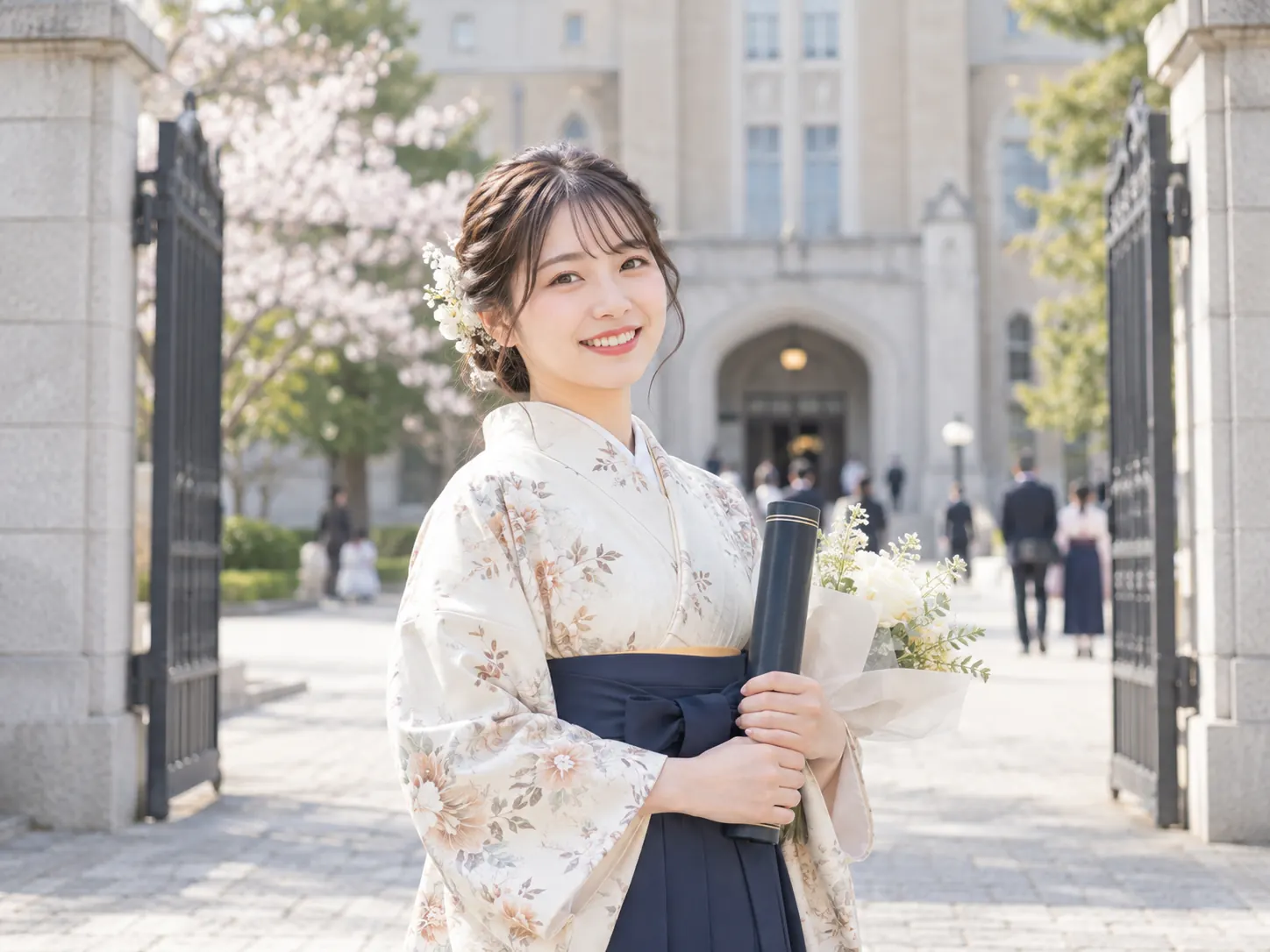 校舎を背景にした卒業記念写真イメージ