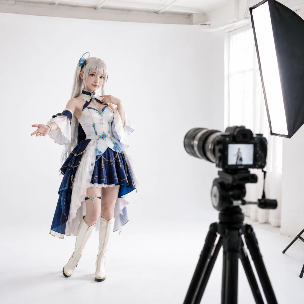 Cosplayer in a white and blue fantasy dress poses toward a camera on a tripod in a bright studio with a softbox light behind.