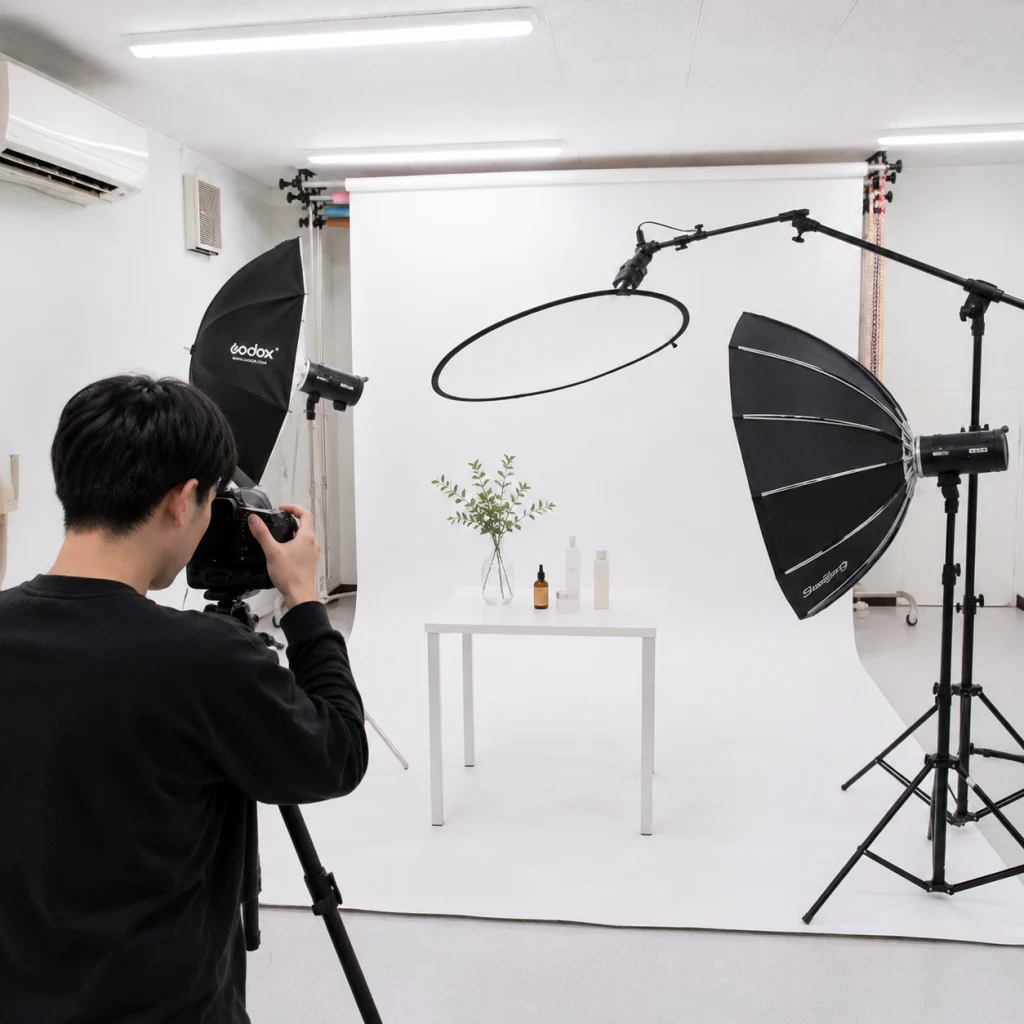 Photographer framing a product shoot in a white studio with a table of cosmetics and greenery on a white backdrop