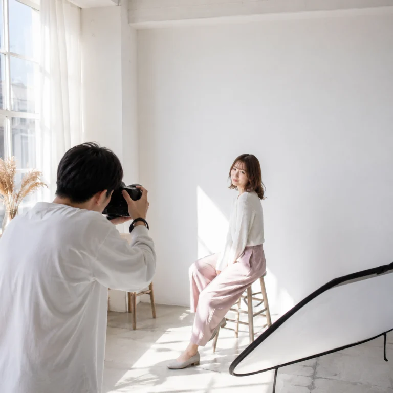Photographer taking a portrait of a woman seated on a wooden stool in a bright studio with natural light.