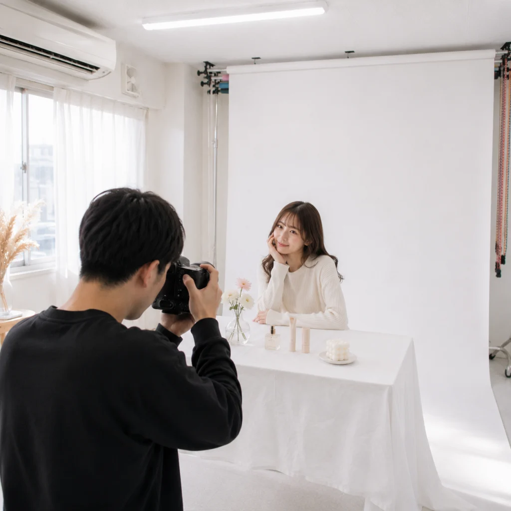Photographer aiming a camera at a smiling woman seated at a white-draped table in a photography studio with cosmetics and flowers nearby.