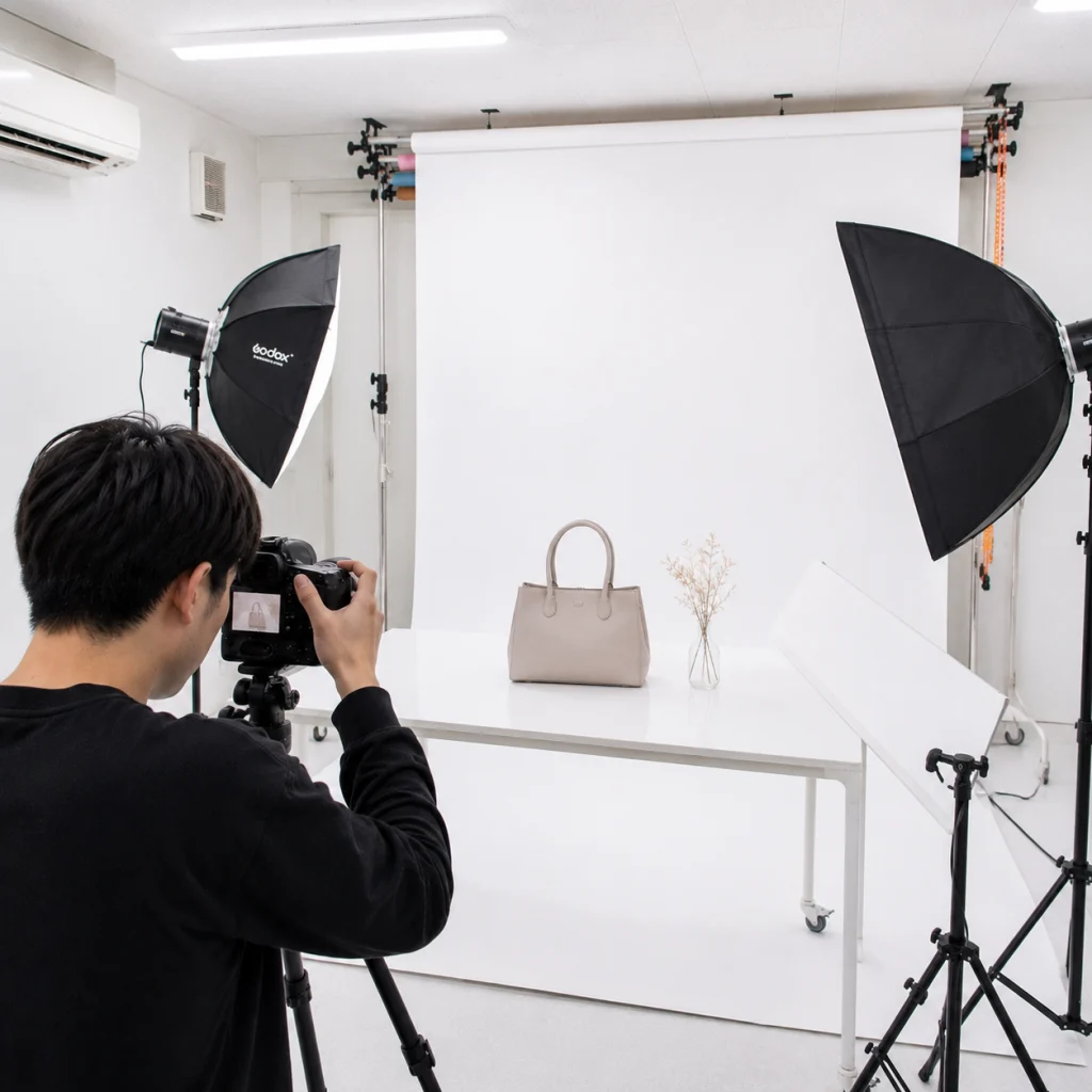 202 - Photo Studio Crit Lab Photographer photographing a beige handbag on a white table against a white backdrop with large studio lights nearby.