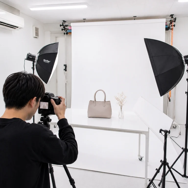 Photographer photographing a beige handbag on a white table against a white backdrop with large studio lights nearby.
