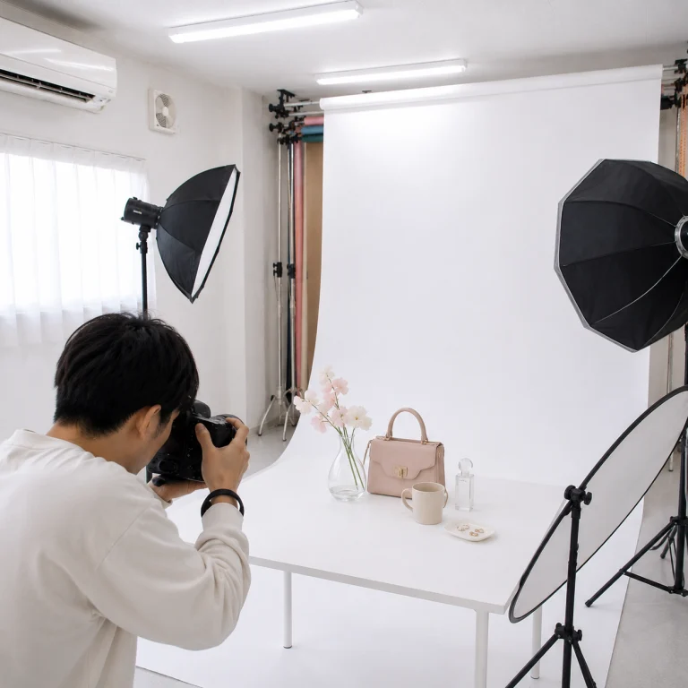 Photographer photographs a beige handbag and small items on a white table in a studio with backdrop and lighting gear nearby.
