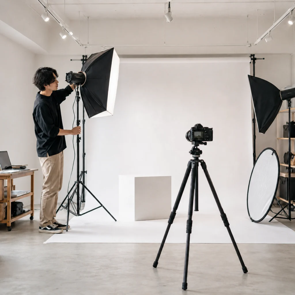 Photographer adjusting a large studio softbox light in a white photography studio with a camera on a tripod and backdrop behind him.