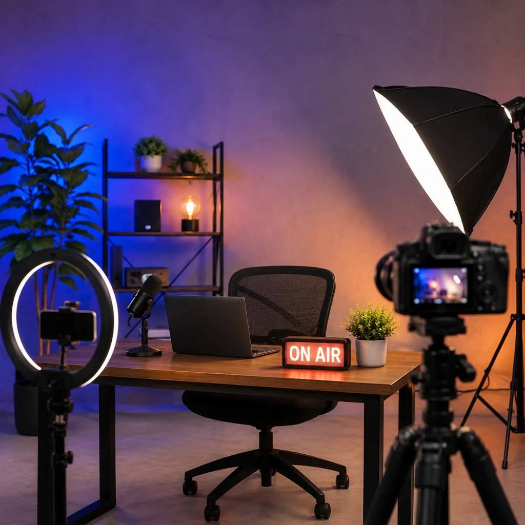 A modern recording setup with a laptop, microphone, ON AIR sign, ring light, and camera in a studio corner with plants and shelves behind.