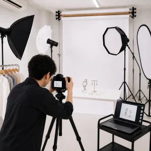 Photographer framing jewelry on a white table in a studio with professional lighting and backdrop.