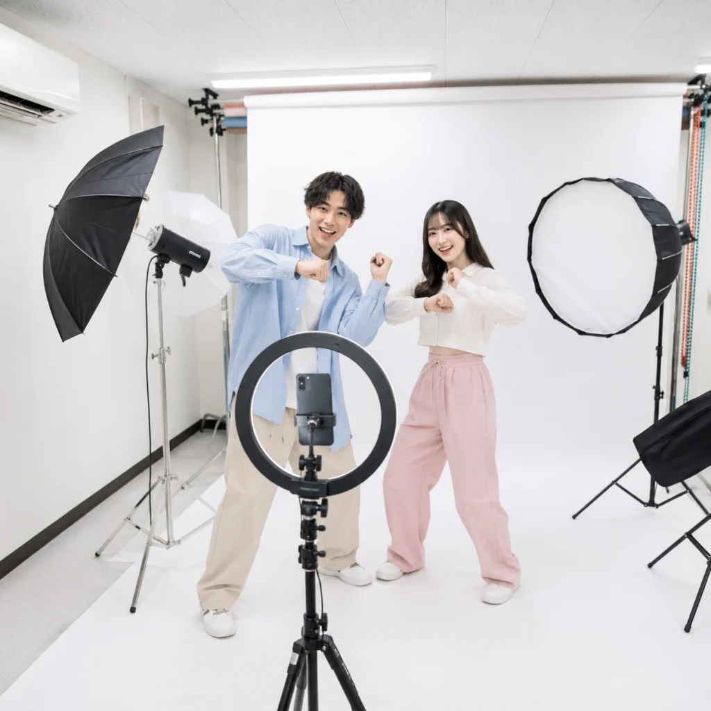 Two people pose and fist-bump in a photography studio with a white backdrop and professional lights nearby.