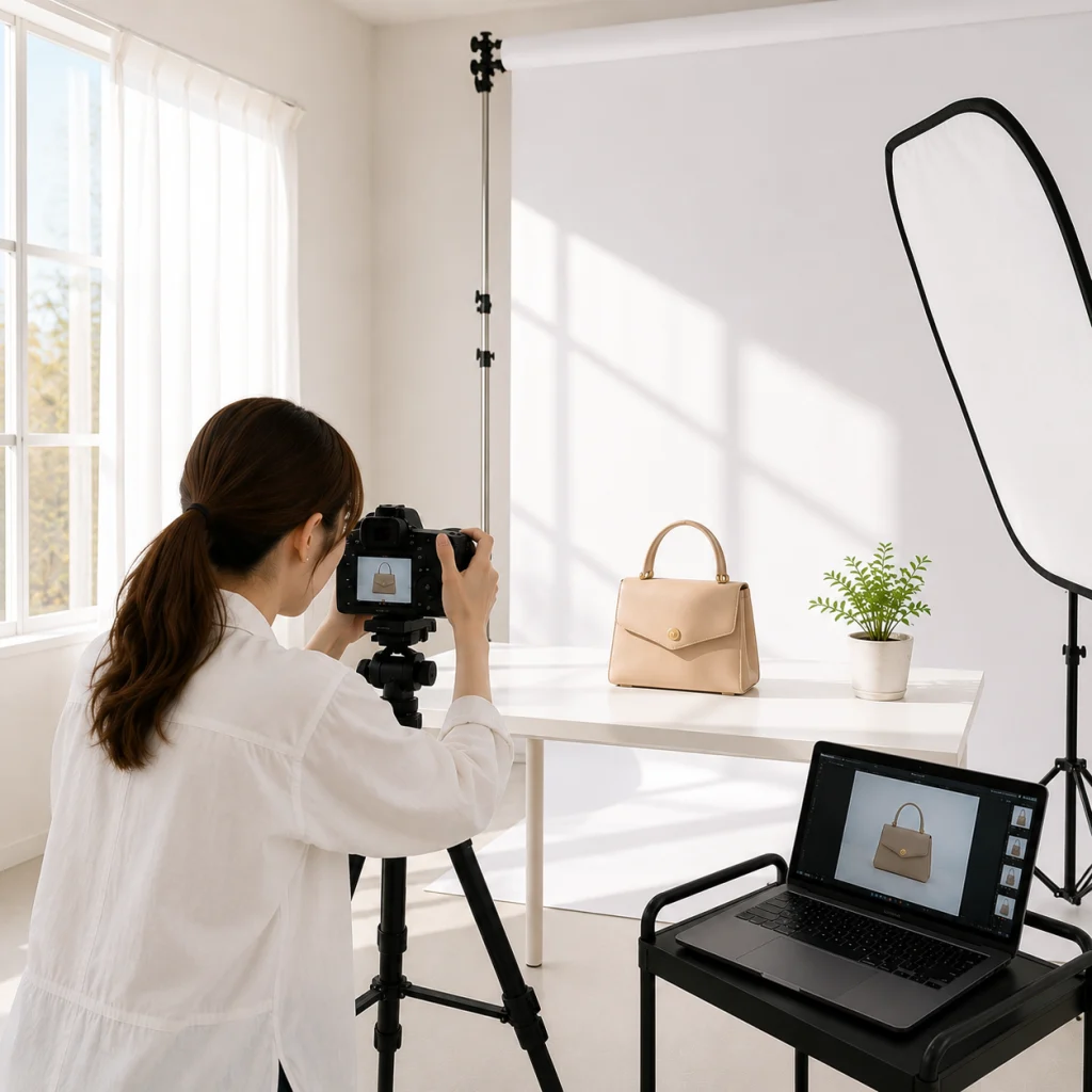 337 - Photo Studio Crit Lab Photographer takes a product photo of a beige handbag on a white table in a bright studio with a laptop showing the shot on screen.