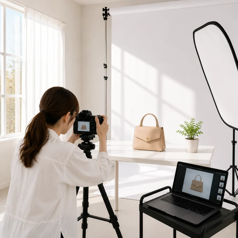 Photographer takes a product photo of a beige handbag on a white table in a bright studio with a laptop showing the shot on screen.
