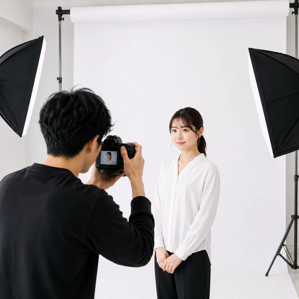 338 - Photo Studio Crit Lab Photographer taking a portrait of a smiling woman in a white blouse in a photography studio with a white backdrop and softbox lights