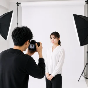 Photographer taking a portrait of a smiling woman in a white blouse in a photography studio with a white backdrop and softbox lights