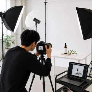 Photographer setting up a camera on a tripod to shoot a bottle on a white table in a studio.