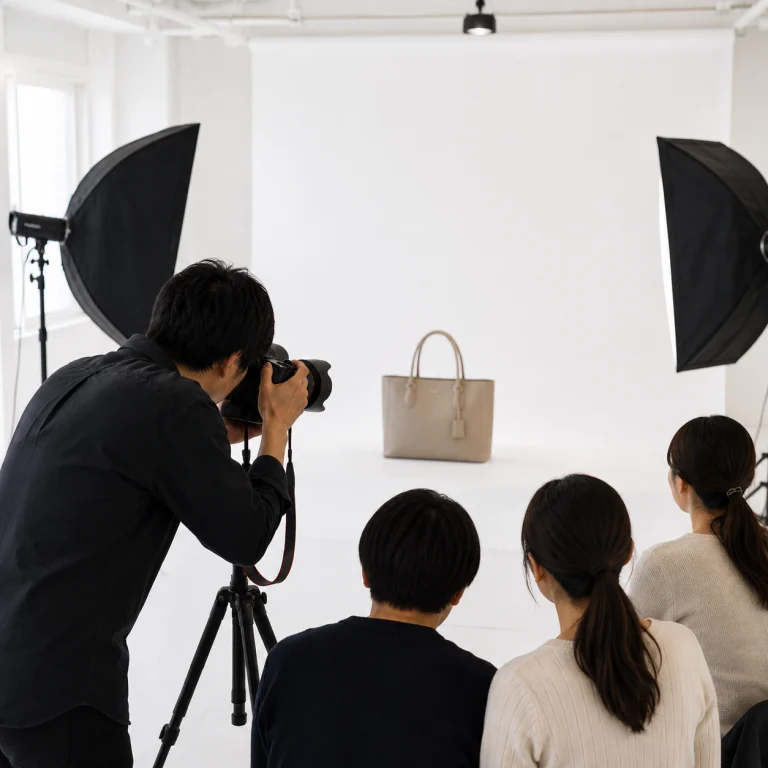 Photographer taking a product shot of a beige handbag on a white studio backdrop, with three people watching from behind.