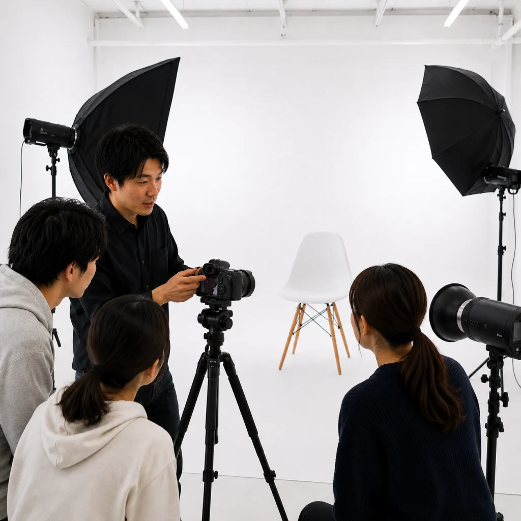 Instructor demonstrates camera setup to a small group in a bright white studio with lighting gear and a tripod-mounted camera.