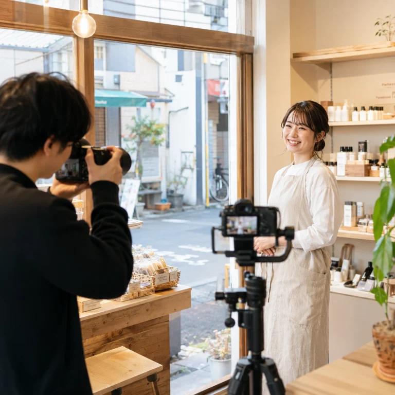 A smiling woman in a white apron being filmed in a storefront with cameras and a street view outside the window.