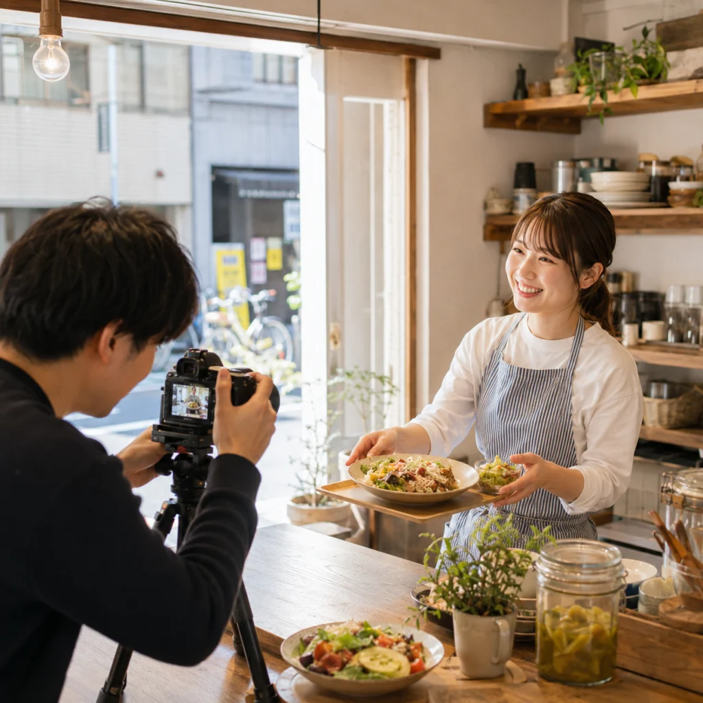 636 - Photo Studio Crit Lab Photographer filming a smiling woman in a striped apron presenting bowls of salad at a cozy cafe counter.