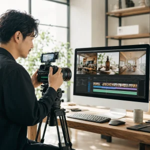 Photographer using a camera on a tripod while editing interior video footage on a desktop monitor.