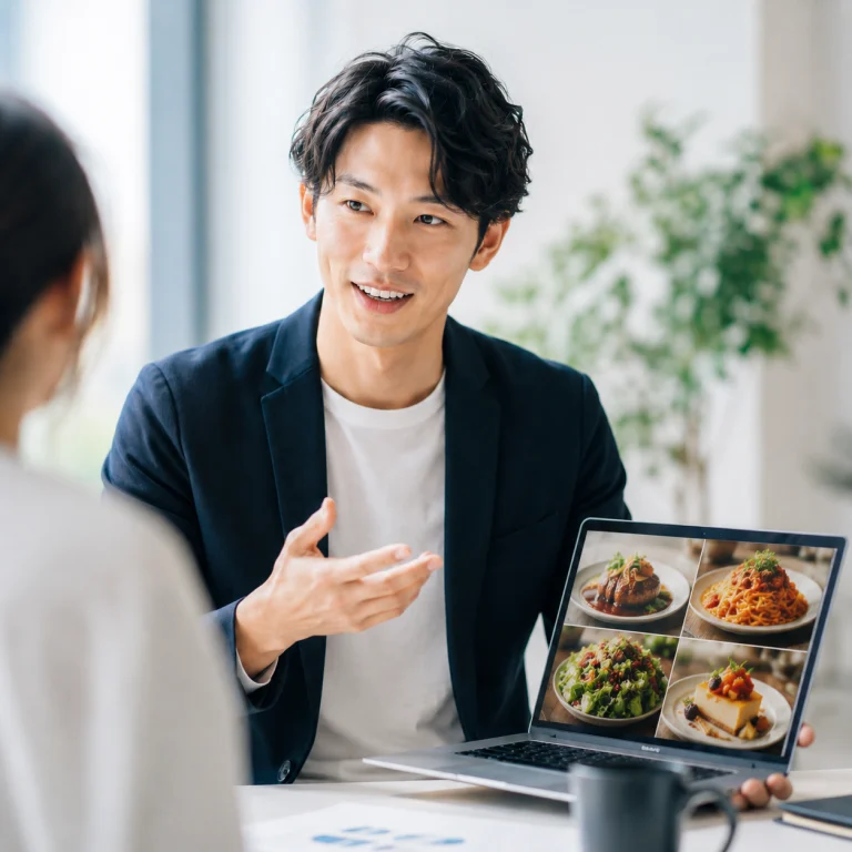 Man in a dark blazer explains meal options to a colleague while showing a laptop with a grid of plated dishes.