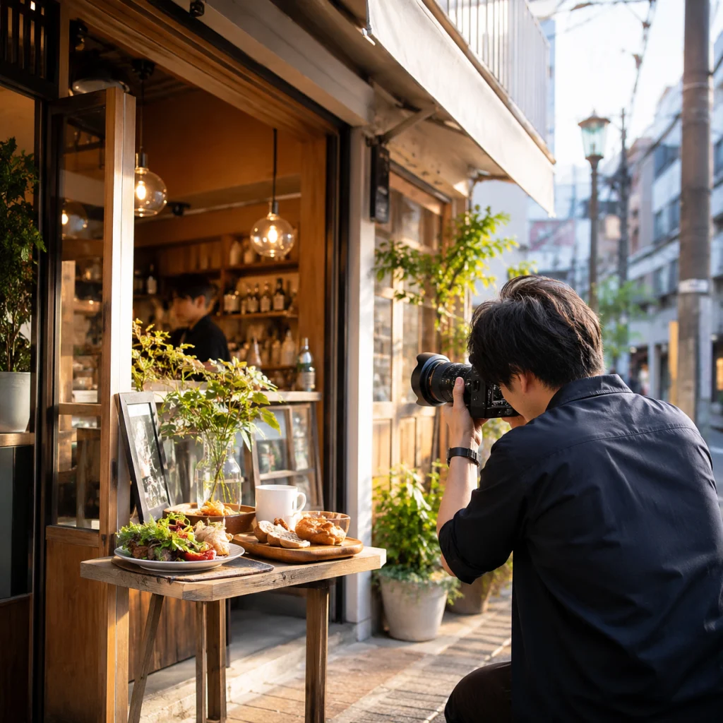 639 - Photo Studio Crit Lab Photographer crouches with a camera, aiming at a wooden table of food outside a cozy cafe.