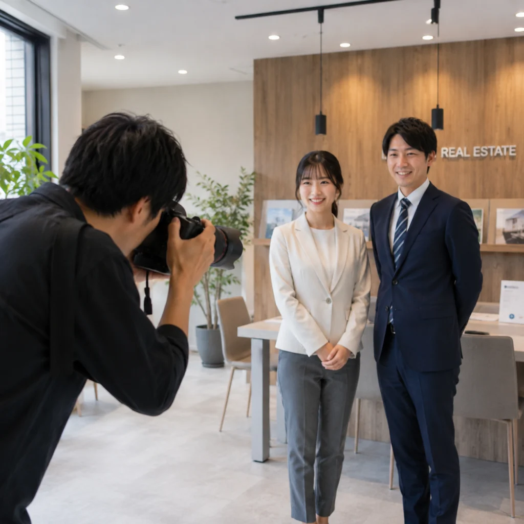 Photographer taking a portrait of a smiling business couple in a real estate office filled with wood paneling and plants.