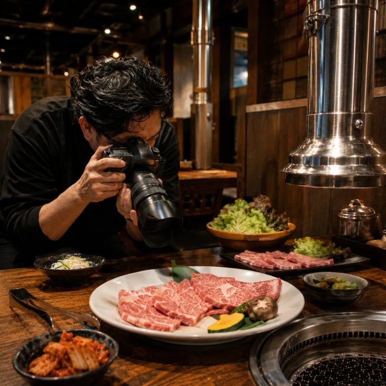 Photographer with a DSLR captures close-up of a platter of marbled beef slices and vegetables on a wooden table at a grill restaurant.
