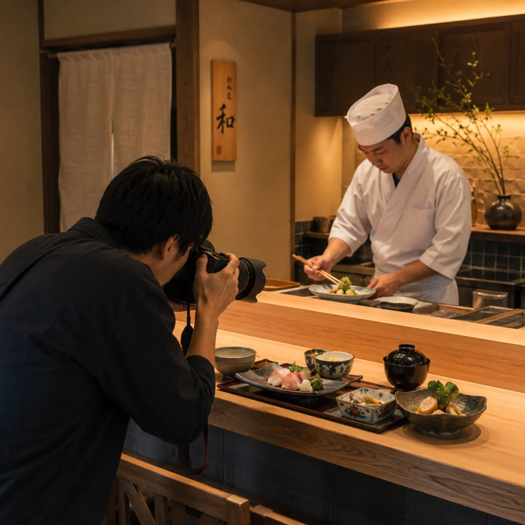 Photographer taking a close-up shot of a sushi chef plating dishes at a wooden counter in a Japanese restaurant.