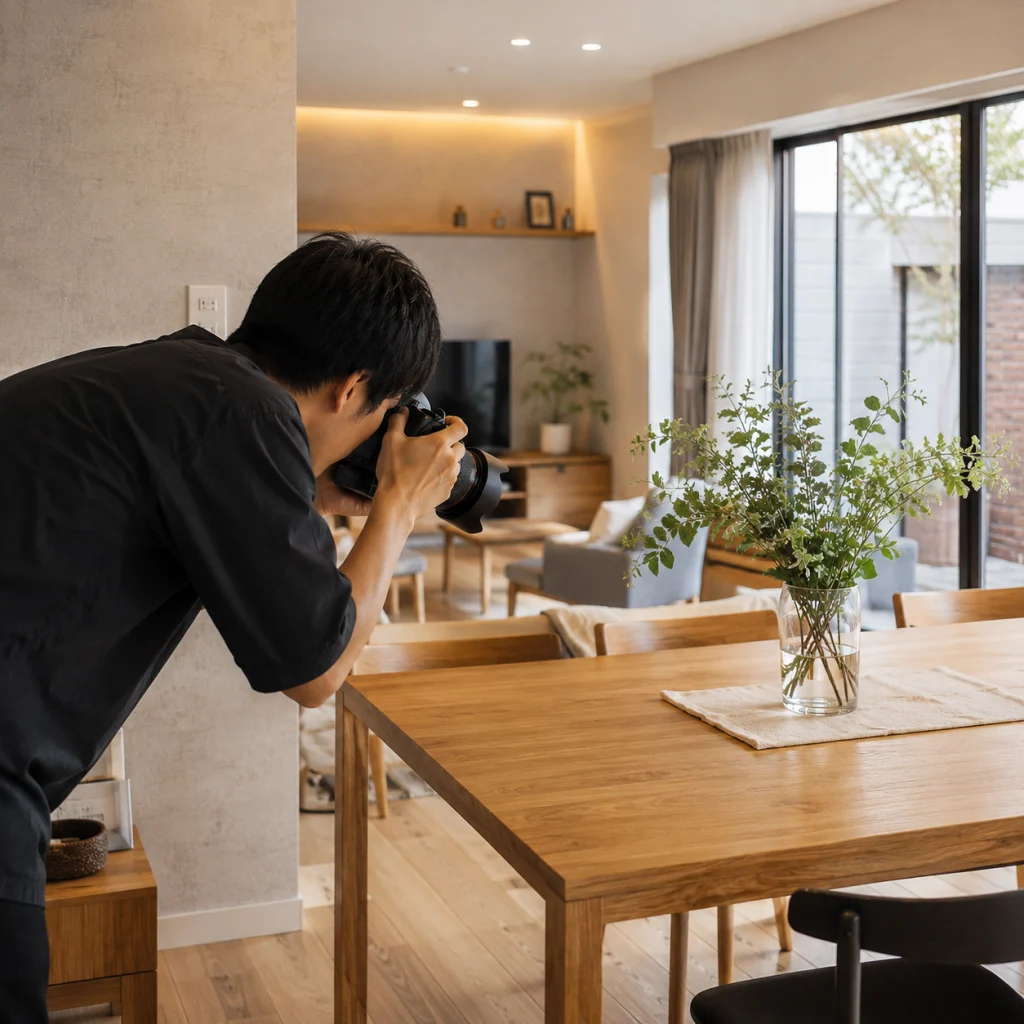 Photographer leaning over a wooden dining table, taking a close-up shot of a glass vase with leafy branches.