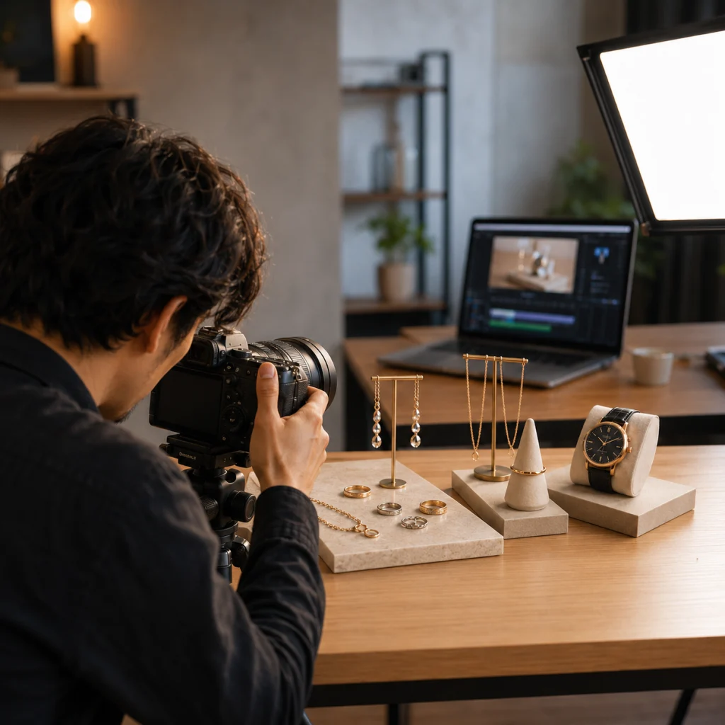 Photographer using a DSLR to photograph jewelry on a wooden table, with a laptop and light panel nearby.