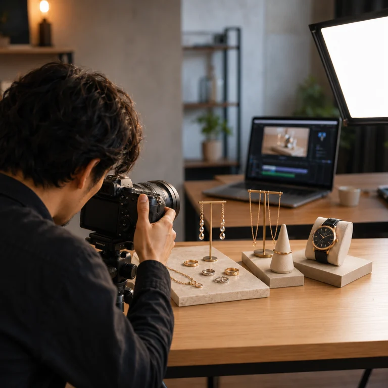Photographer using a DSLR to photograph jewelry on a wooden table, with a laptop and light panel nearby.