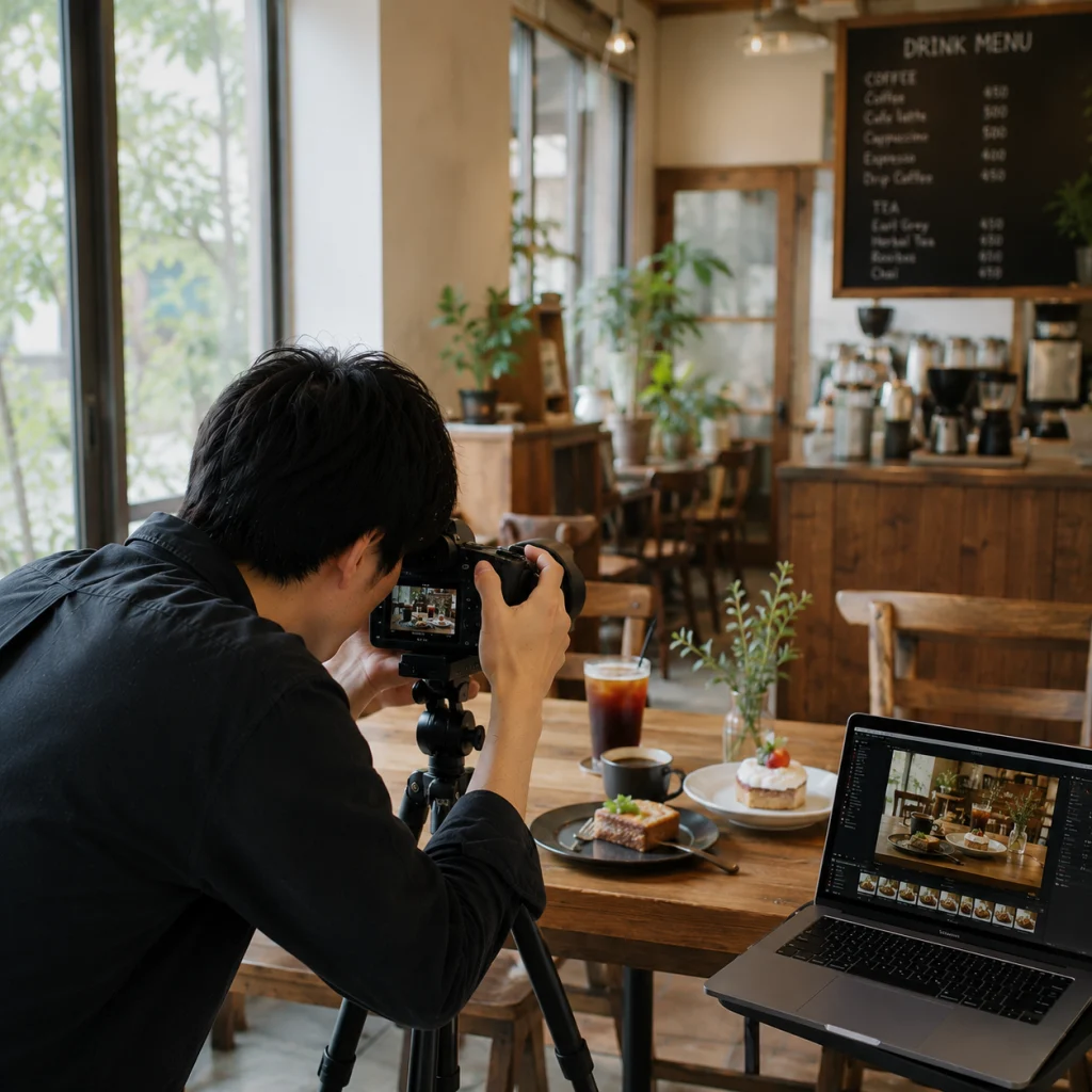 Photographer on a tripod-mounted camera capturing plated desserts and drinks in a cozy cafe, with a laptop open to photo edits nearby.