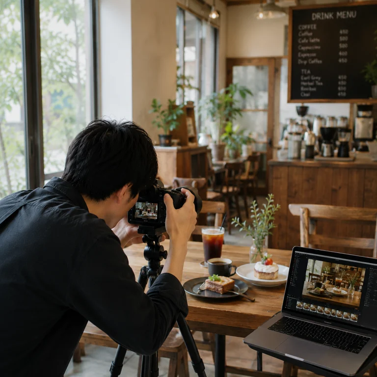 Photographer on a tripod-mounted camera capturing plated desserts and drinks in a cozy cafe, with a laptop open to photo edits nearby.