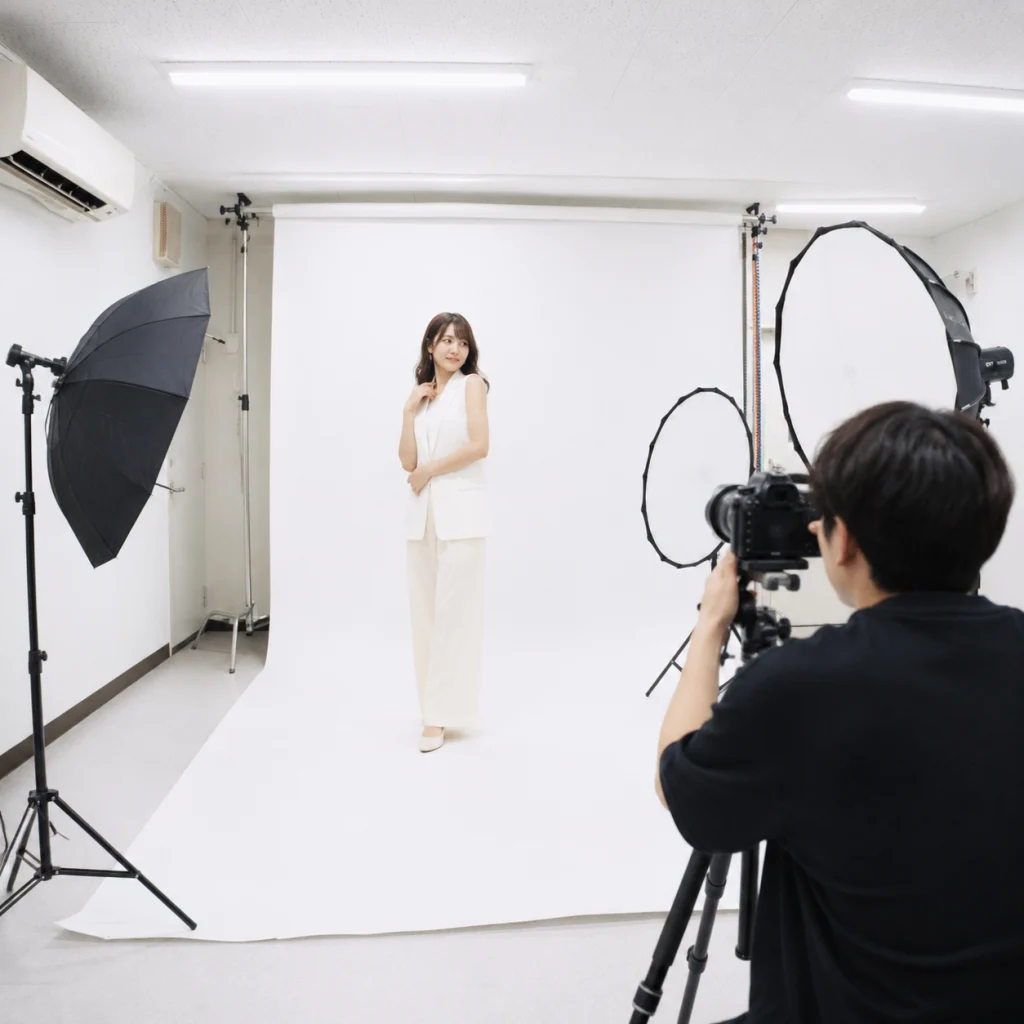 207 - Photo Studio Crit Lab 大阪の撮影スタジオで白背景のポートフォリオ撮影をする様子