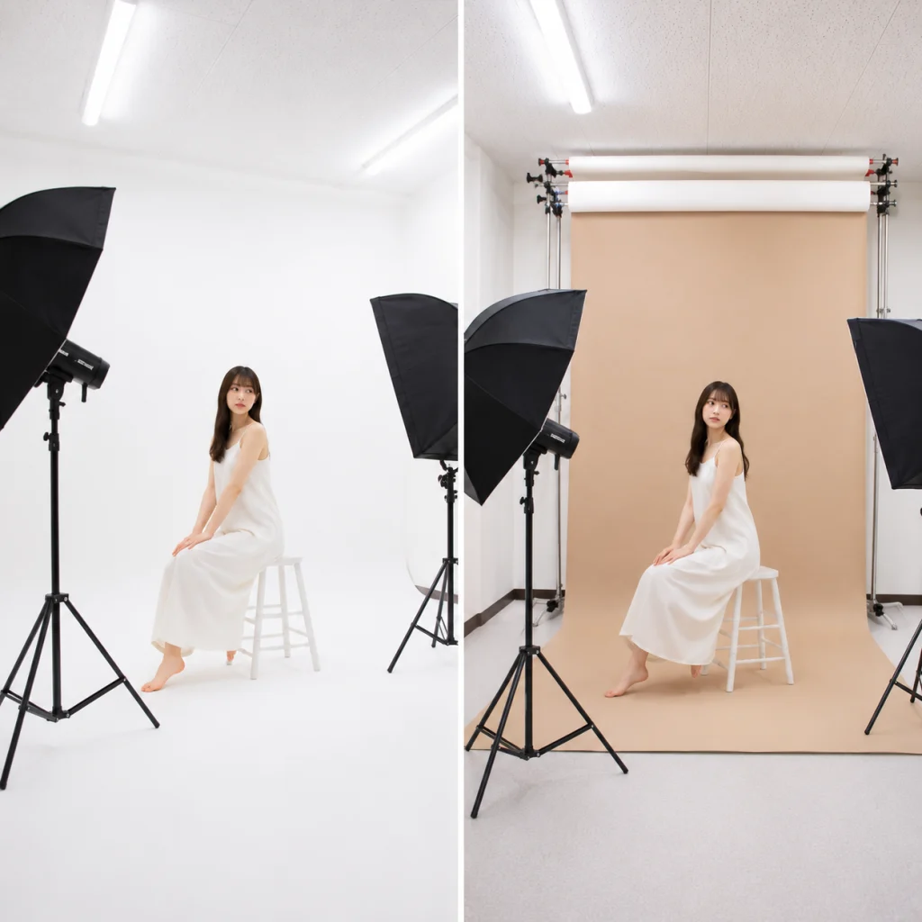 白ホリと茶色の背景紙を比較した撮影スタジオでのポートレート撮影