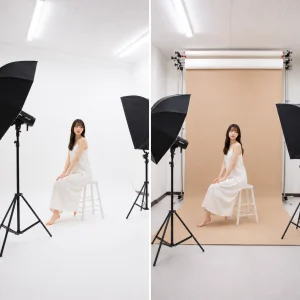 白ホリと茶色の背景紙を比較した撮影スタジオでのポートレート撮影