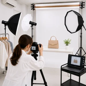スタジオ照明を使ってバッグの商品写真を撮影するカメラマン