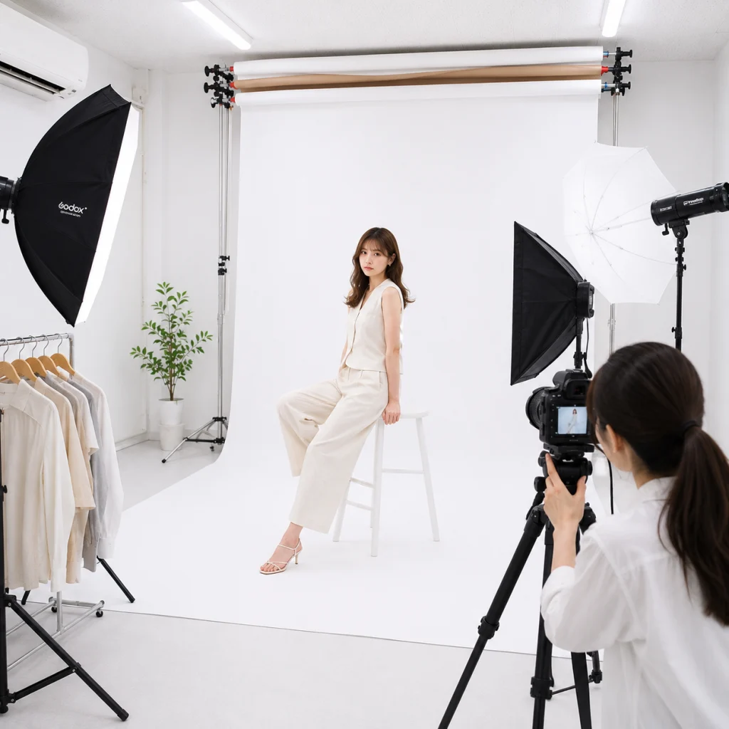 212 - Photo Studio Crit Lab Model sits on a white stool in a bright photography studio with a white backdrop and studio lights.