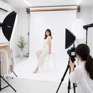 白背景と照明機材のある撮影スタジオで椅子に座るモデル