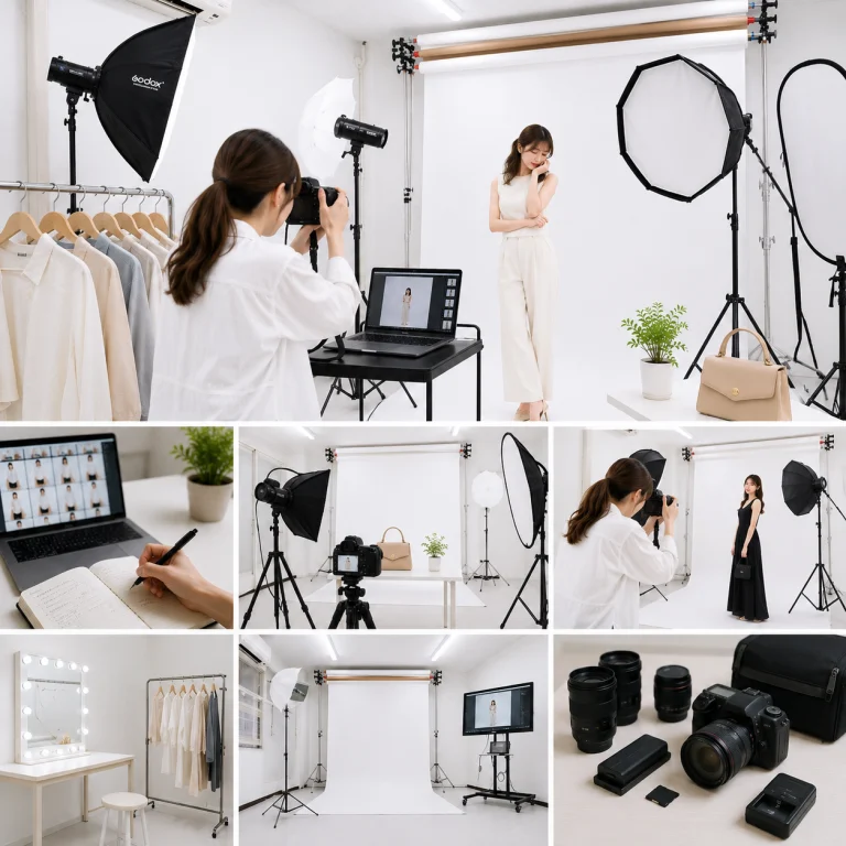 213 - Photo Studio Crit Lab 白背景と照明機材のある撮影スタジオでモデルを撮影するカメラマン