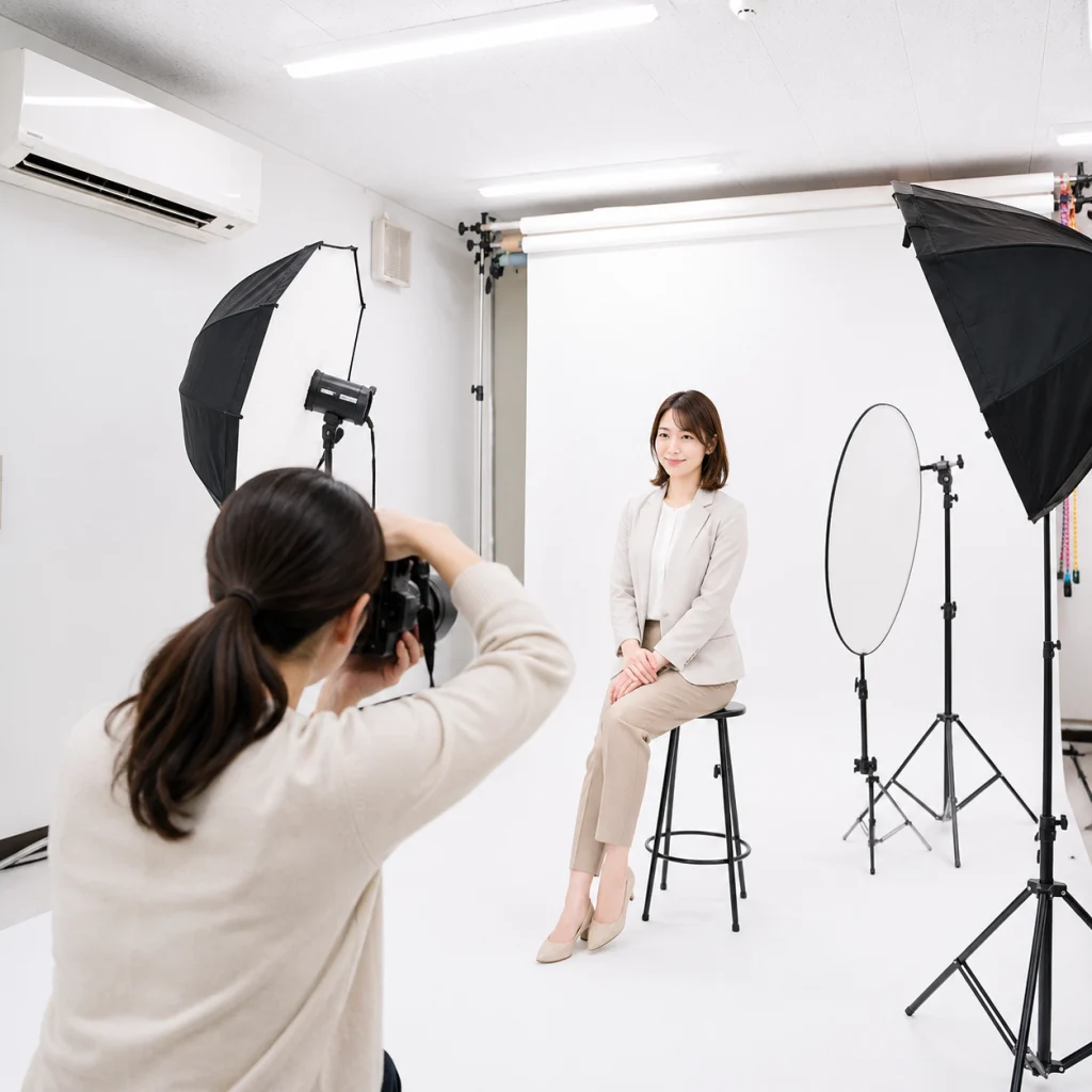 214 - Photo Studio Crit Lab 白背景とソフトボックス照明の撮影スタジオで女性の宣材写真を撮るカメラマン