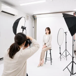 白背景とソフトボックス照明の撮影スタジオで女性の宣材写真を撮るカメラマン