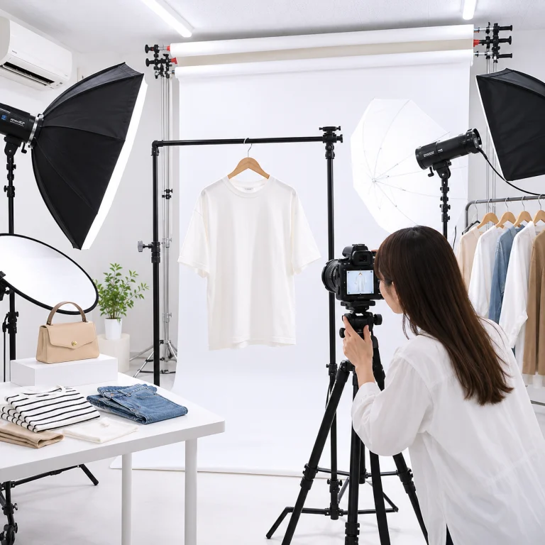 215 - Photo Studio Crit Lab 照明機材のある撮影スタジオでハンガーに掛けた白いTシャツを撮影するカメラマン